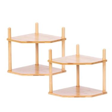 Imagem de Pacote com 2 prateleiras expansíveis de bambu – Organizador de pratos/pratos para armário, prateleira de balcão de cozinha e pequena prateleira de cozinha, ajustável - presente útil para casa e