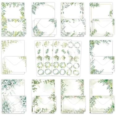 Imagem de RAORAOYUE Conjunto de papel de papelaria de eucalipto, 160 peças, 50 papéis de papelaria, 50 envelopes 60 adesivos redondos