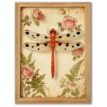 Imagem de 40,6 x 60,8 cm (16 x 24 cm), arte botânica vintage para sala de estar, arte vermelha, libélula e rosas, moldura floral em tela, amarelo, estilo country, decoração de casa, pôster para sala de estar