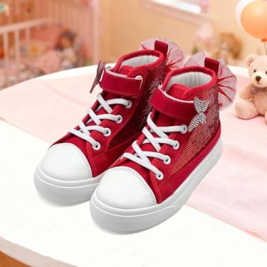 Imagem de Tênis infantil para meninas e meninos, cano alto brilhante, moderno, com lantejoulas, laço e cadarço, tênis de lona, tênis de corrida, caminhada casual, Vermelho, 21