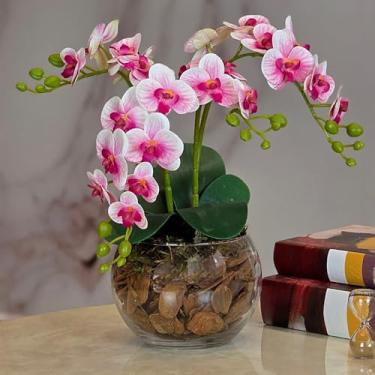 Imagem de Arranjo de Orquídea Artificial em Silicone 3D com Vaso de Vidro – Flor Artificial Decorativa para Sala e Escritório (Lilas)