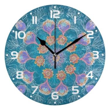 Imagem de JUZIHAI Relógio de parede floral mandala silencioso, sem tique-taque, relógios de parede redondos operados por bateria, fácil de ler, relógio decorativo de parede para casa, cozinha, sala de estar