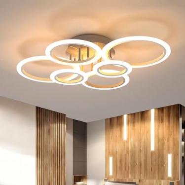 Imagem de Luminária de teto moderna LED com 6 anéis, 72 W, 5800 lm, dimerizável, 3000 K-6000 K, lustre de embutir, ideal para cozinha, sala de estar, quarto, banheiro e ambientes internos, branca, 80