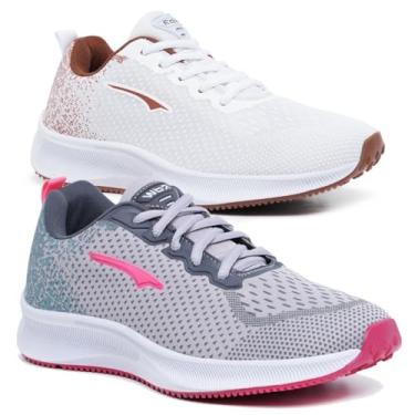 Imagem de Kit 2 Pares Tênis Feminino Caminhada e Academia Corrida Leve Confortavel (Branco e Cinza, BR, Adulto, Numérico, 36)