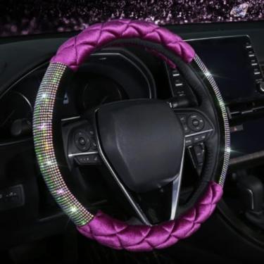 Imagem de Knonip Capa de volante de diamante, macia, de inverno, antiderrapante, brilhante, cristal, strass, protetor de roda de carro, 38 cm, tamanho padrão universal (roxo)