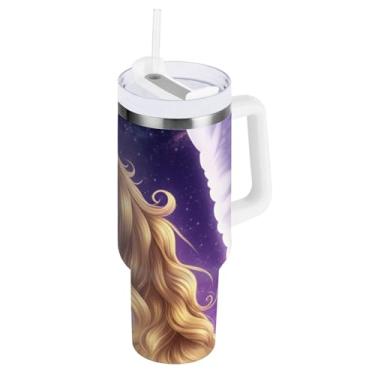 Imagem de Copos com isolamento duplo de cavalo unicórnio bonito com tampa e canudo para água, copo isolado 850 g / 0,89 L