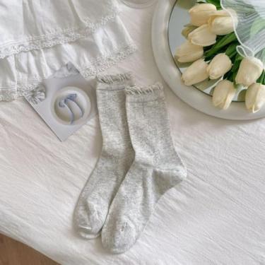 Imagem de Um par de meias femininas modernas com gravata borboleta, meias de cano médio, algodão fofo e doce para primavera e verão, Cinza claro, 21