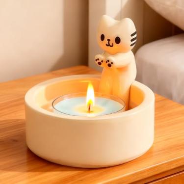 Imagem de Suporte de vela de gato branco - Suporte de vela artesanal para patas aquecedoras de gatinhos, decoração de casa fofa e presente para amantes de gatos, ideal para velas aromáticas e óleos essenciais