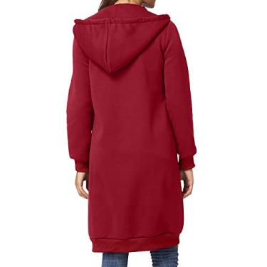 Imagem de Snsowed Nova Moda Feminina Com Capuz Longo Moletom Com Capuz Casaco Casual Bolsos Zíper Sólido Jaqueta (XL)