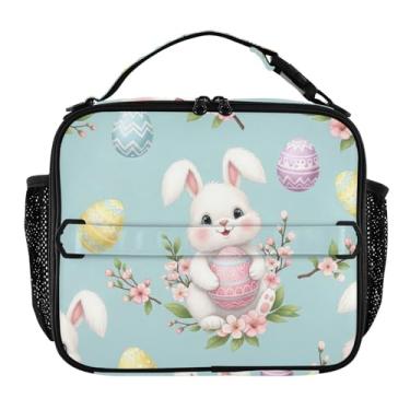 Imagem de Joisal Lancheira fofa de coelhinho da Páscoa azul ovo para mulheres, meninas, lancheira com alça de ombro, masculina e infantil, lancheira para trabalho, escola, linda bolsa térmica floral