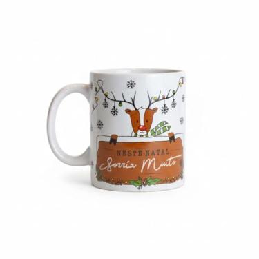 Imagem de Caneca de Porcelana Natal Mágico, Branca com Desenhos Natalinos, 300ml, Material Premium, Decorativa com Rena e Luzes, 9x8x8cm