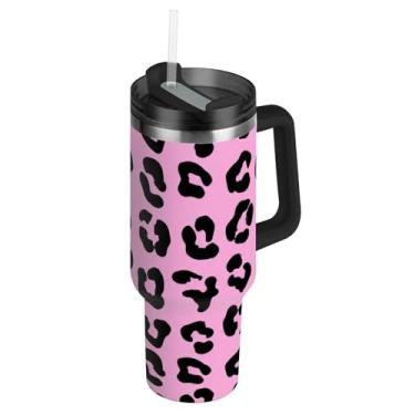 Imagem de Copos com tampa e canudos com estampa de leopardo preto manchas rosa 850 g copo com alça cores garrafa de água isolada aço inoxidável caneca de café quente para carro