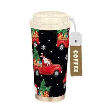 Imagem de TSENQUE Copo de café de viagem 473 ml com revestimento cerâmico, copo de café de aço inoxidável com tampa e canudo, copo isolado a vácuo, caminhão vermelho de Natal, Papai Noel, preto