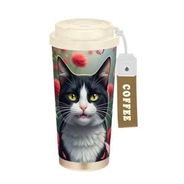 Imagem de Caneca de viagem de café 40 ml com canudo e tampa de filp, copos de parede dupla isolados a vácuo com revestimento cerâmico, rosas vermelhas de gato fofo