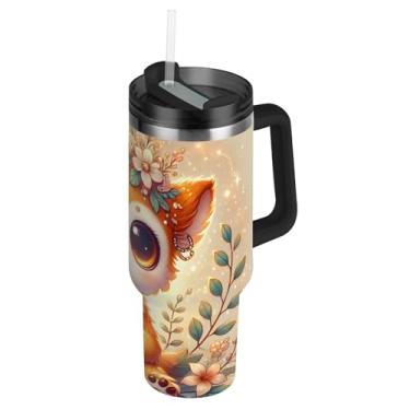 Imagem de Joisal Copos florais de chá Fox Boba com tampa e impressão de canudo Copo de 850 g com alça garrafas de água isoladas carros de aço inoxidável xícara de café bebida quente