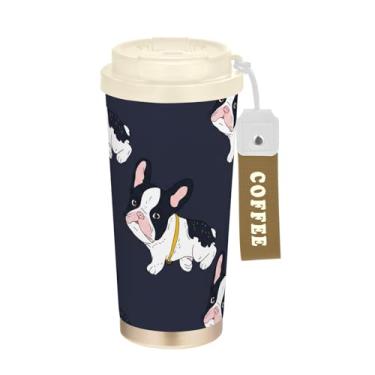 Imagem de TSENQUE Caneca de café de viagem 40 ml com revestimento cerâmico, copo de café de aço inoxidável com canudo e tampa, copo isolado a vácuo, cachorro de desenho animado preto e branco