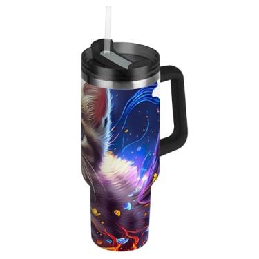 Imagem de Joisal Copo com alça 1,134 g Copos de aço inoxidável com tampa e canudo Garrafa de água com isolamento térmico carros caneca de café bebida quente colorido gatinho borboleta