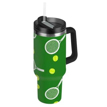 Imagem de Joisal Raquetes de tênis, bolas de tênis, copos verdes com tampas e canudos, garrafa de água isolada de aço inoxidável, copo de 1,134 g com alça copo à prova de derramamento para quente e frio