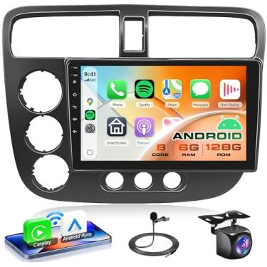 Imagem de Rádio de carro 8 núcleos 6G + 128 G para Honda Civic 2001-2005 Android Car Stereo, Rimoody 9 polegadas, compatível com tela sensível ao toque, navegação GPS, Wi-Fi, link espelhado, FM/RDS EQ SWC,