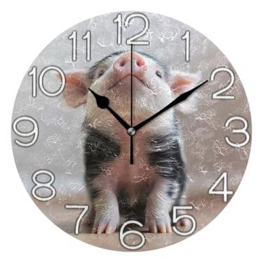 Imagem de GAIGEO Relógio de parede analógico decorativo estético silencioso sem tique-taque para sala de aula, relógio de escritório, decoração de parede de meados do século, estampa de porco preto rosa, 25 cm