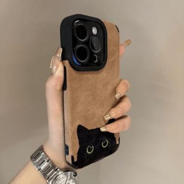 Imagem de IRTGFG Capa de silicone macia de couro camurça de gato preto de luxo para iPhone 15 Plus (para iPhone 15 Plus/marrom)