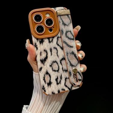 Imagem de IRTGFG Para iPhone 16 Pro, suporte de pulseira com estampa de leopardo, capa de couro com amortecedor e suporte de silicone macio (para iPhone 16 Pro/cáqui)