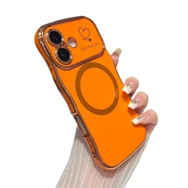 Imagem de DEFBSC Capa magnética para iPhone 17 funciona com Magsafe, moldura ondulada ondulada fofa amor coração, proteção completa para lente da câmera, capa à prova de choque de TPU macio, durável, laranja