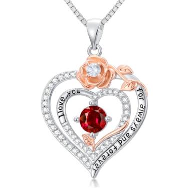 Imagem de WYDDO Colares de coração rosa para mulheres, mãe, pedra do mês de nascimento, pingente, aniversário, Natal, Dia dos Namorados, joias presentes para sua esposa, filha, mãe, One Size, Base, Pedra do mês