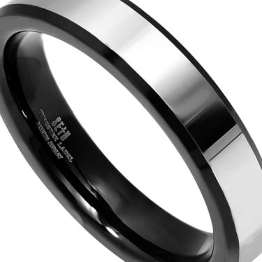 Imagem de Aliança de Tungstênio, Prata Brilhante com Preto, Design True Love, Casamento e Compromisso, 4mm de Espessura, Acabamento Alto Brilho, Revestimento em Ródio Negro