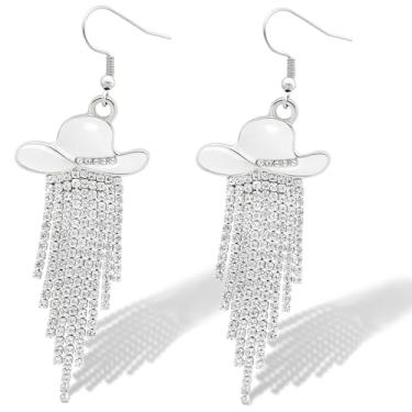 Imagem de Brincos femininos de chapéu esmaltado de vaqueira ocidental com franjas de strass cintilantes, rodeio, country, concerto, cowboy, joias, presentes, Medium size, Metal, Sem pedra preciosa