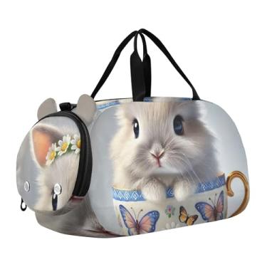 Imagem de Bolsa esportiva de viagem para meninos, fim de semana, bolsa de viagem para meninas, bolsa de viagem para dança, romântica, gato Titanic Love, Linda xícara de chá de coelhinho floral, Clássico