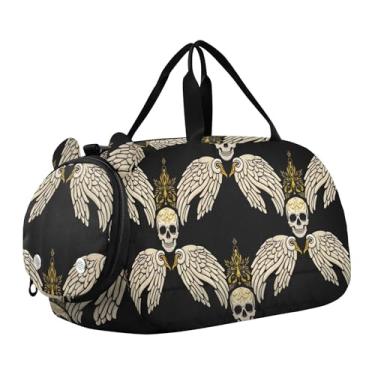 Imagem de Linda bolsa de viagem Cupid Pug Love para meninas, bolsa de viagem para o fim de semana, bolsa de viagem para crianças, Asas de caveira pretas 1, Clássico