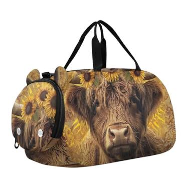 Imagem de Lindas flores de leopardo borboletas douradas bolsa esportiva para meninos e crianças pequenas bolsas de viagem esportiva, Girassóis vintage de vaca highland, Clássico