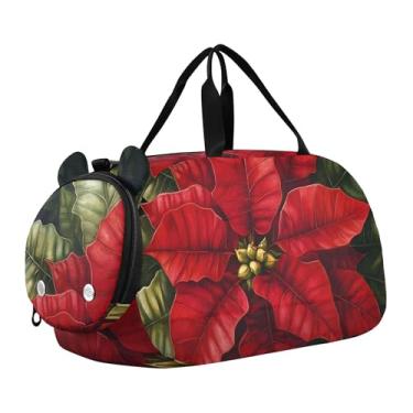 Imagem de Bolsa esportiva de Natal para meninas Highland Cow, bolsa de viagem para fim de semana, compartimento para sapatos noturnos, bolsa esportiva para meninos, Poinsétia de Natal, Clássico