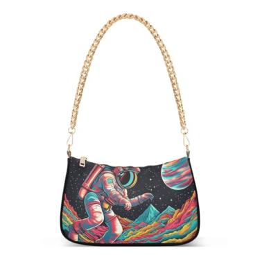 Imagem de Bolsa de ombro colorida com corrente espacial astronauta planeta, bolsa Hobo artística para mulheres, bolsa clutch média moderna