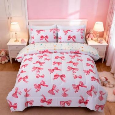 Imagem de Btargot Conjunto de edredom de 5 peças de gravata borboleta branca e rosa para meninas, meninos, crianças, conjunto de cama com laço de desenho animado, cama em uma bolsa com edredom, lençóis e