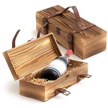 Imagem de Briwooody 1 caixa de presente vintage de madeira para vinho – caixas rústicas de vinho marrom para presentes, suporte de garrafa única com tiras de fivela de couro e trava para presente de Natal