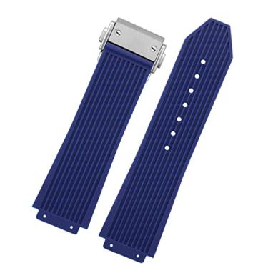 Imagem de MGTCAR Pulseira masculina de borracha de silicone para Hublot BIG BANG preto azul branco com fivela borboleta acessórios 26 x 19 mm (prata azul escuro)