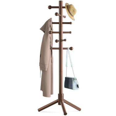 Imagem de ACIPENSER Cabide de madeira independente com 12 ganchos, 3 alturas ajustáveis, suporte de cabide de pé para chapéu e cabideiro para pequenos espaços de entrada, escritório, quarto, marrom