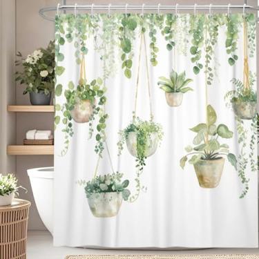 Imagem de Cortina de chuveiro com plantas verdes penduradas em vasos com folhas verdes, cortina de chuveiro botânica para primavera, verão, banheiro, decoração de banheira, tecido impermeável 177 x 178 cm com