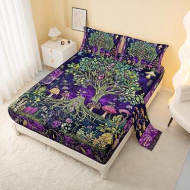 Imagem de AILONEN Jogo de lençol solteiro, árvore da vida, boêmio, floral, cogumelo, estampa retrô, roxo, macio, 1 lençol de cima, lençol com elástico + 2 fronhas, 4 peças