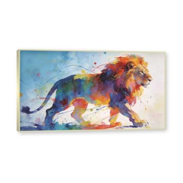 Imagem de NHLDZYH Moldura dourada. Quadro abstrato de leão - arte moderna com salpicos de cor vibrante - arte de parede energética para casa, escritório ou negócios - tela decorativa. A114. 60 x 108 cm.