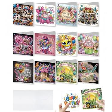 Imagem de Zyvoreva Kit de cartões de aniversário com pintura de diamante 5D de 12 peças, cartões comemorativos de arte de diamante DIY para adultos, conjunto completo de artesanato para fazer cartões com