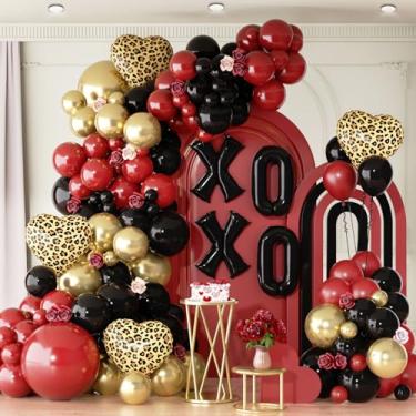 Imagem de Kit de arco de guirlanda de balão dourado preto vinho com estampa de leopardo balões de alumínio XOXO para meninas, aniversário, casamento, dia dos namorados