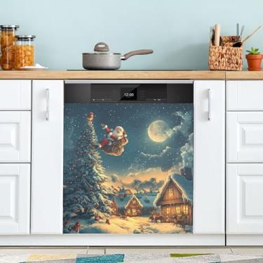 Imagem de xigua Capa magnética de Papai Noel de Natal, adesivos magnéticos decorativos antiarranhões para painel de geladeira e lava-louças, decoração personalizada de cozinha doméstica 58 x 66 cm