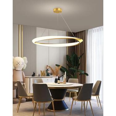 Imagem de Lustre pendente LED moderno com controle remoto, design em anel e altura ajustável, ideal para sala de jantar e cozinha (dourado).