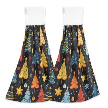 Imagem de Blueangle 2 peças de toalhas de gravata penduradas com árvores de Natal de desenho animado toalha de mão toalha de mão absorvente de veludo coral macio pano para cozinha e banheiro (724)