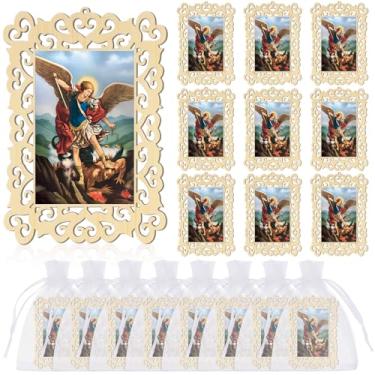 Imagem de Quelay 12 porta-retratos de madeira de São Miguel com sacos de presente de organza San Miguel, lembrancinhas de batismo para convidados, primeiro Bautizo Boda Recuerdos, presente de parede, presentes