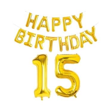 Imagem de Balões De Folha Dourados De Feliz Aniversário 15 Peças Decoração De Fe