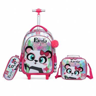 Imagem de Kit Mochila de Rodinhas Infantil Escolar Feminino Panda Lancheira Térmica Estojo Rosa Resistente-Feminino